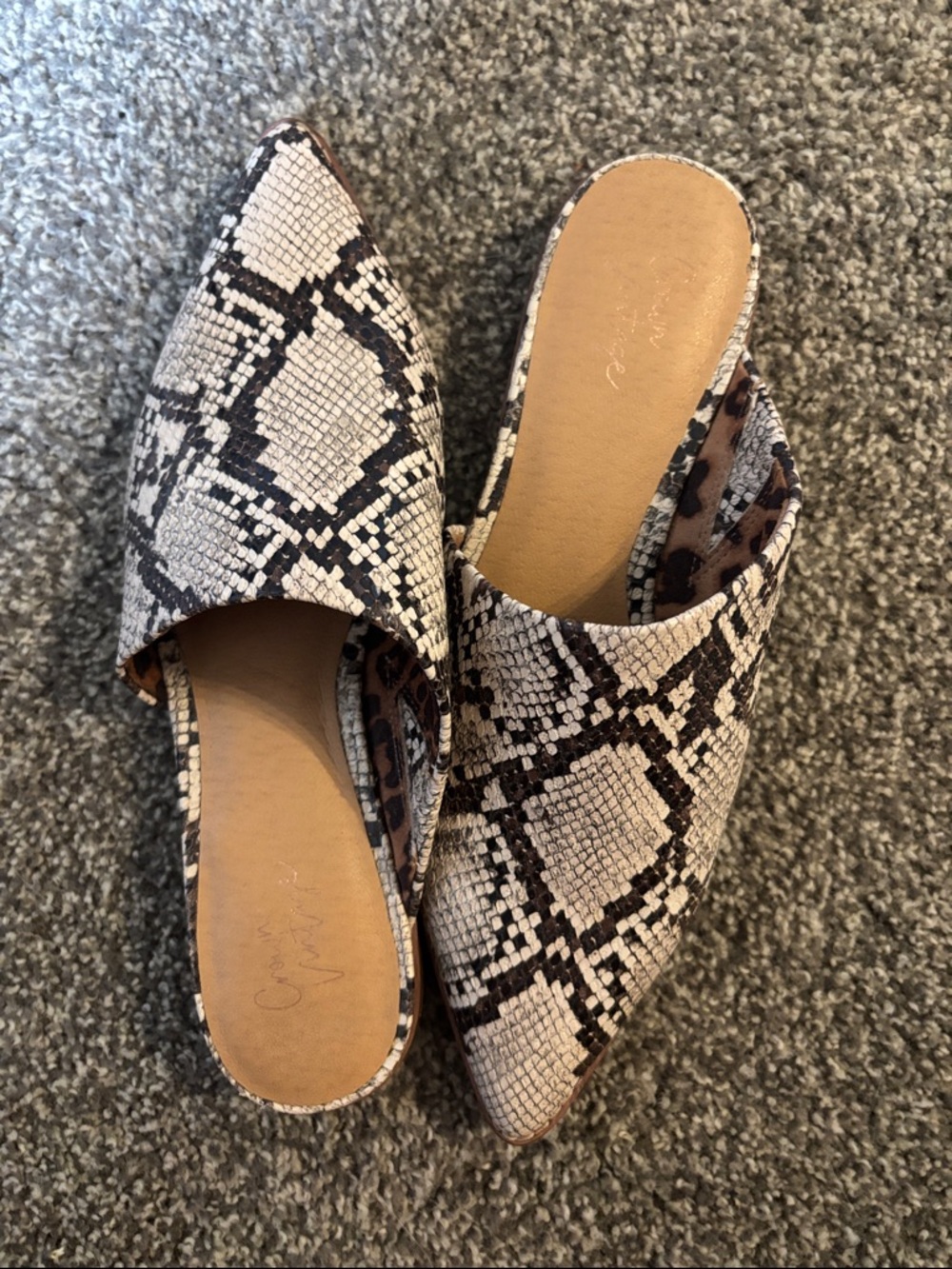 Crown Vintage Snake-Print Pointed Toe Mules - Beige & Black